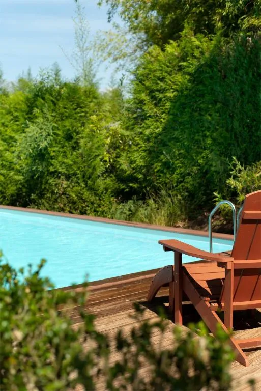 Piscina exterior climatizada rodeada de vegetación con tumbonas de madera junto al agua