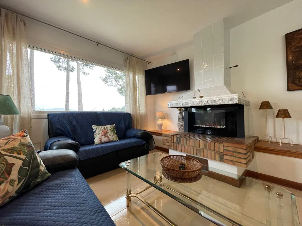 Salón con sofás azules y chimenea