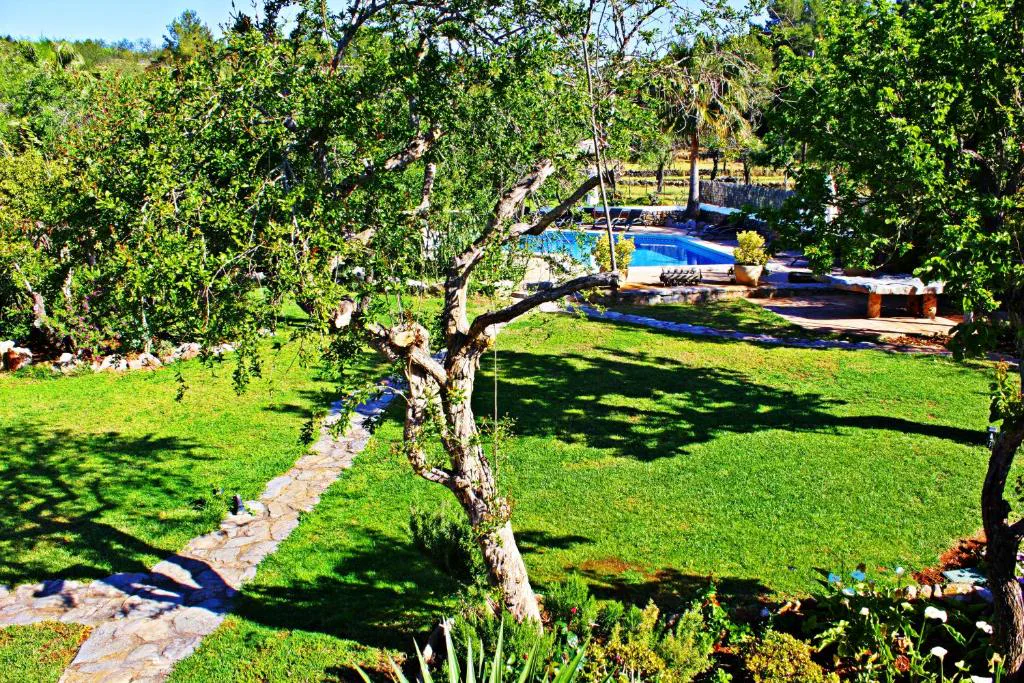 Jardín con árboles y vistas a la piscina desde una zona elevada, Agroturismo Can Fuster