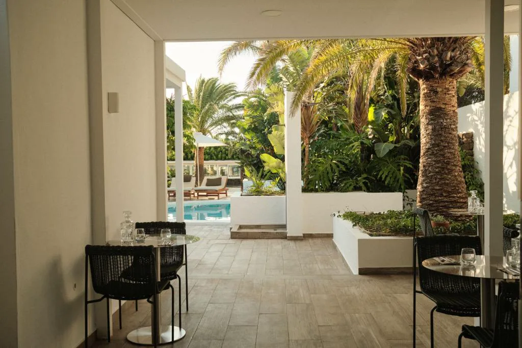 Terraza cubierta con mesas junto a la piscina entre palmeras, Alava Suites