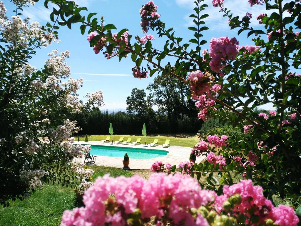 Piscina entre flores rosas y jardín