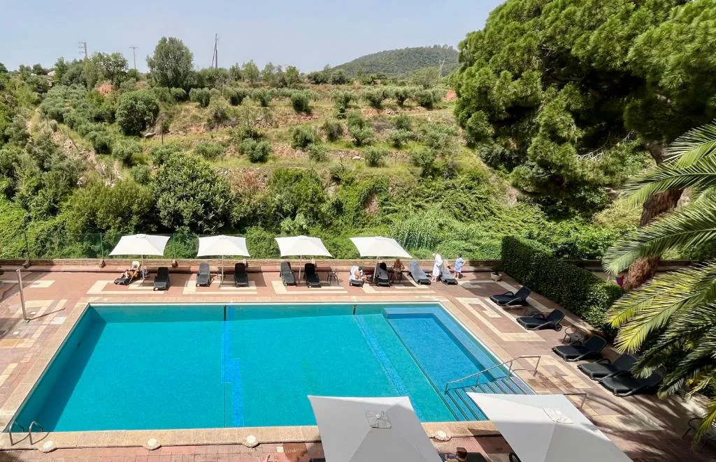 Vista aérea de la piscina exterior rodeada de olivos