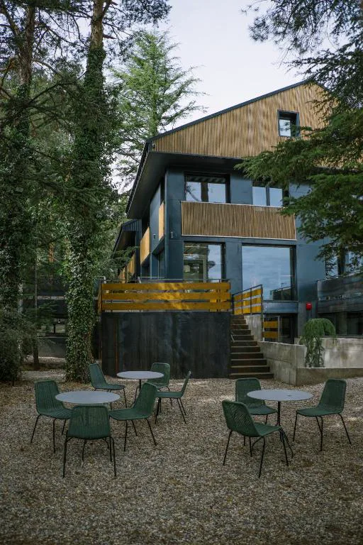 Edificio de madera entre pinos con terraza y mesas verdes
