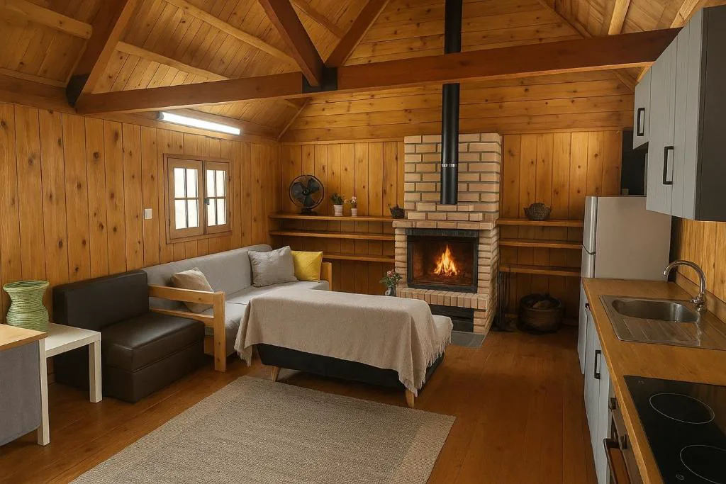 Salón de madera con chimenea y sofá cama