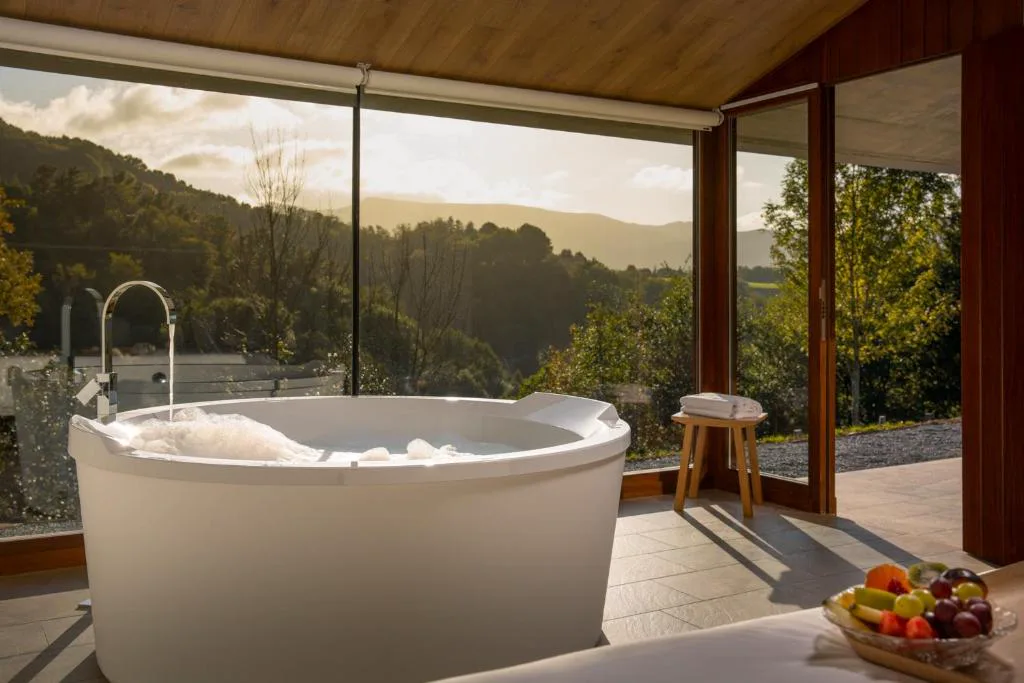 Bañera de hidromasaje con ventanal sobre el bosque