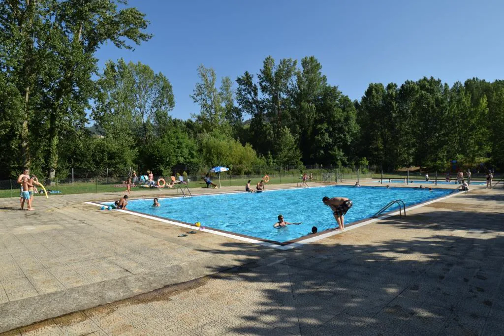 Piscina con bañistas y césped rodeada de árboles