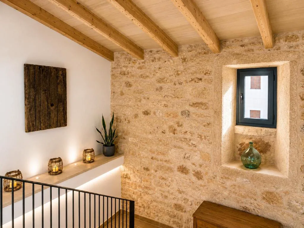 Rellano con muro de piedra de Santanyí y ventana con vistas al pueblo, Can Roig