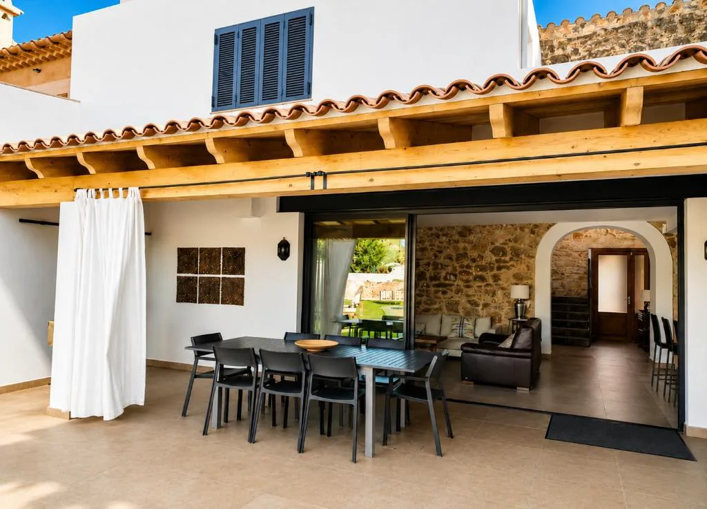 Terraza cubierta con mesa de comedor y acceso al salón con arco de piedra, Can Roig