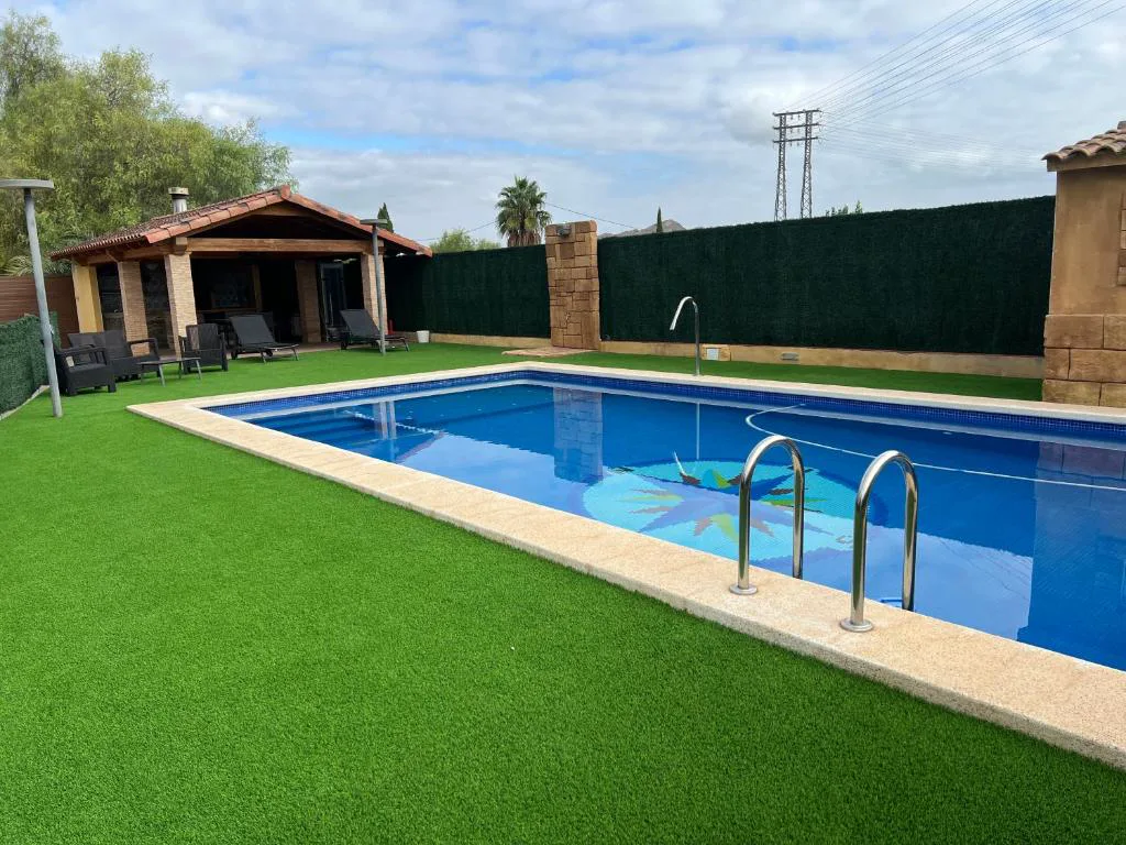 Piscina privada alargada con césped artificial y un muro verde