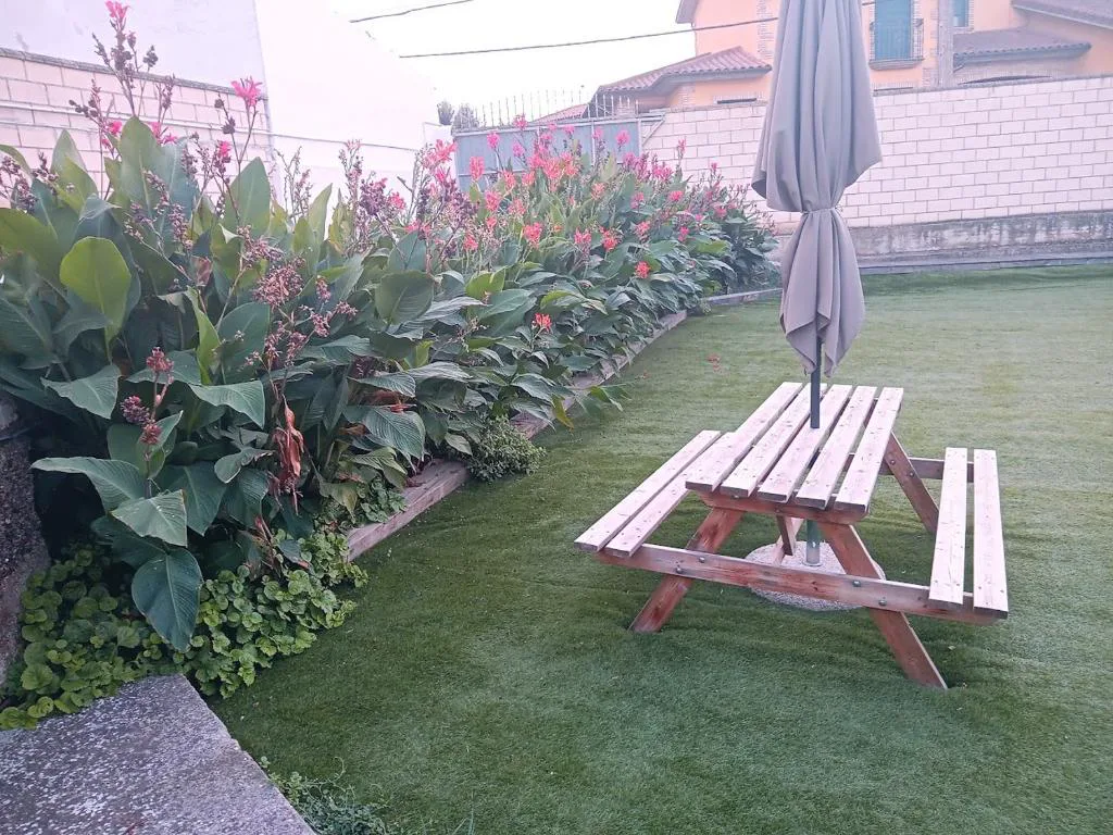 Mesa de pícnic sobre césped junto a plantas