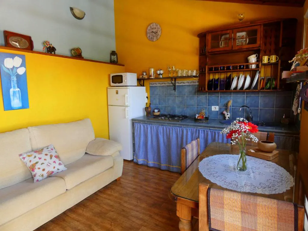 Cocina y salón en tonos amarillo y azul con mesa de flores, Casa Goliath