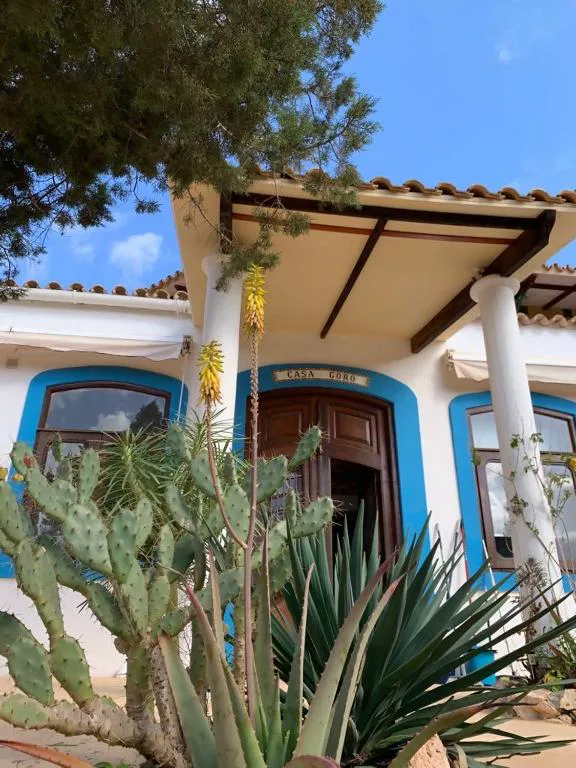 Entrada de Casa Goro con contraventanas azules entre cactus y aloe vera, en Playa de Migjorn, Formentera