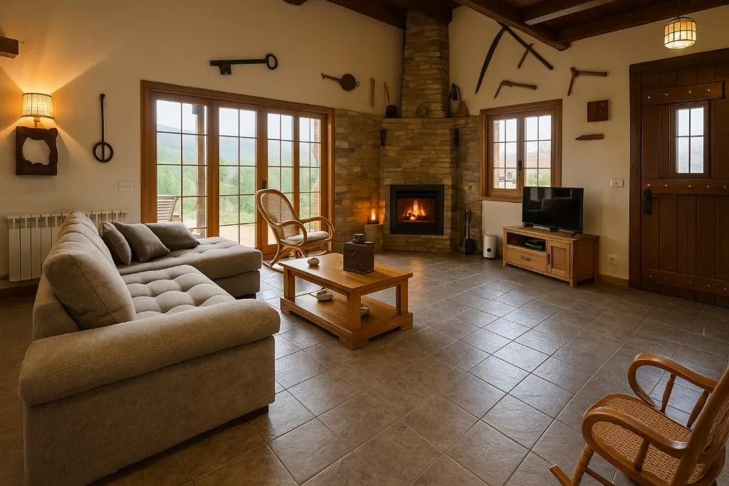 Salón con sofás y chimenea encendida