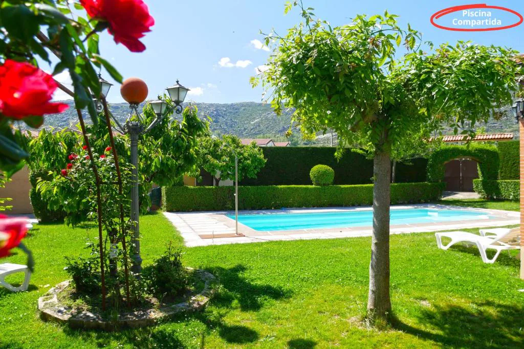 Jardín con rosales y piscina rodeada de césped