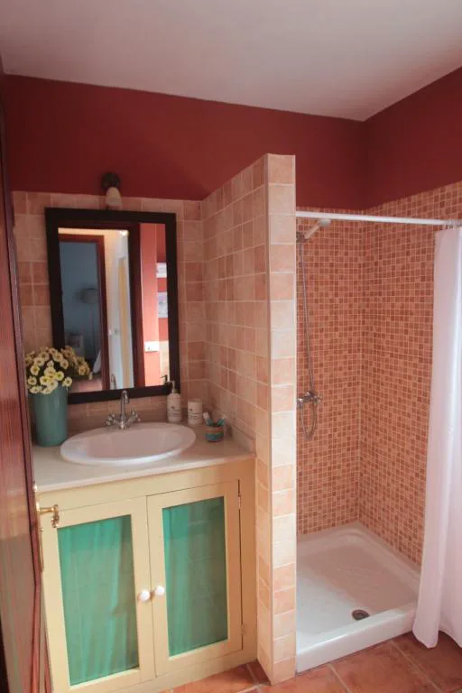 Baño rústico en tonos terracota con ducha de obra, Casa Rural la Hojalata