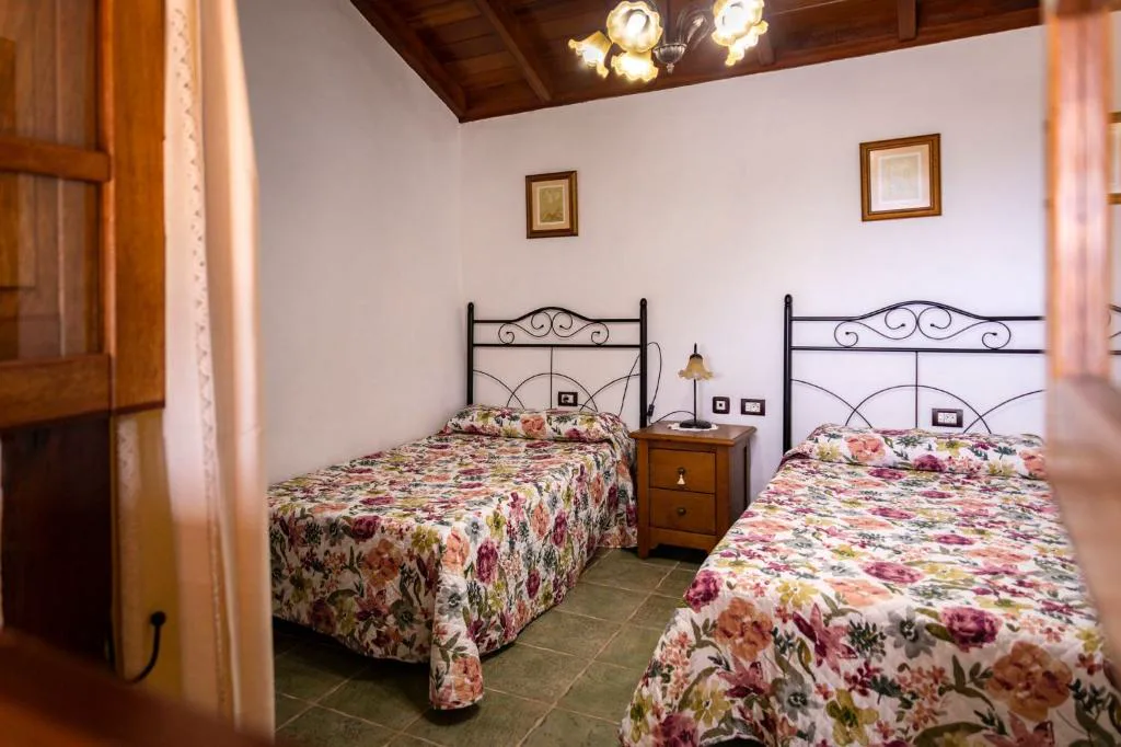 Dormitorio con dos camas de forja y colchas de flores bajo una araña de cristal, Casa Rural La Palizada