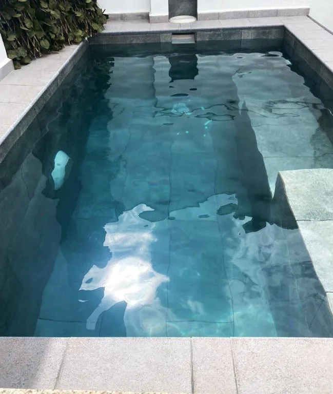 Piscina pequeña de agua azul oscuro en un patio
