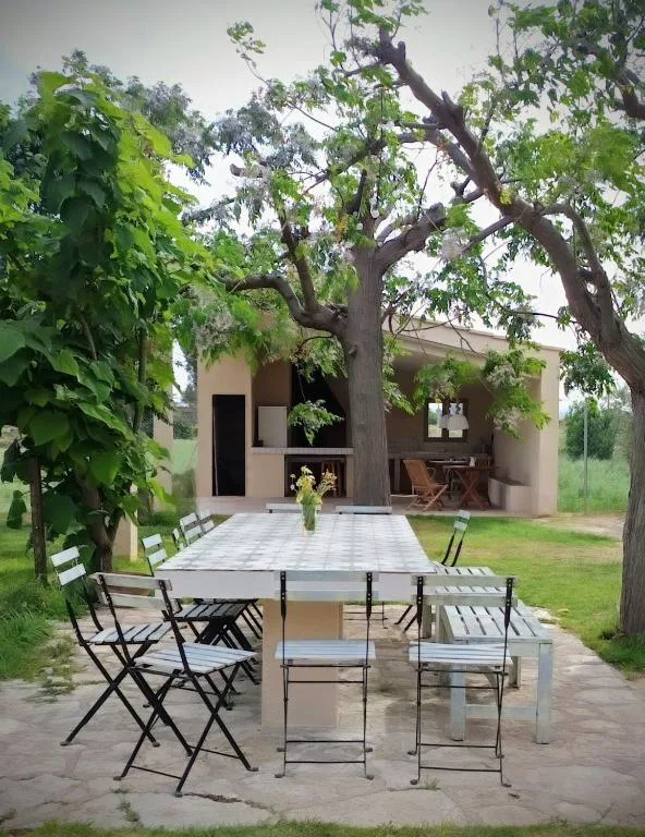 Mesa larga de comedor bajo los árboles