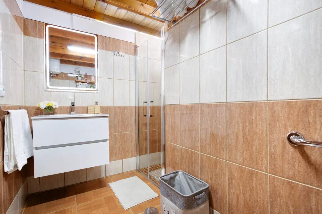 Baño con ducha de mampara de vidrio y azulejos color tierra, Casa Valentina