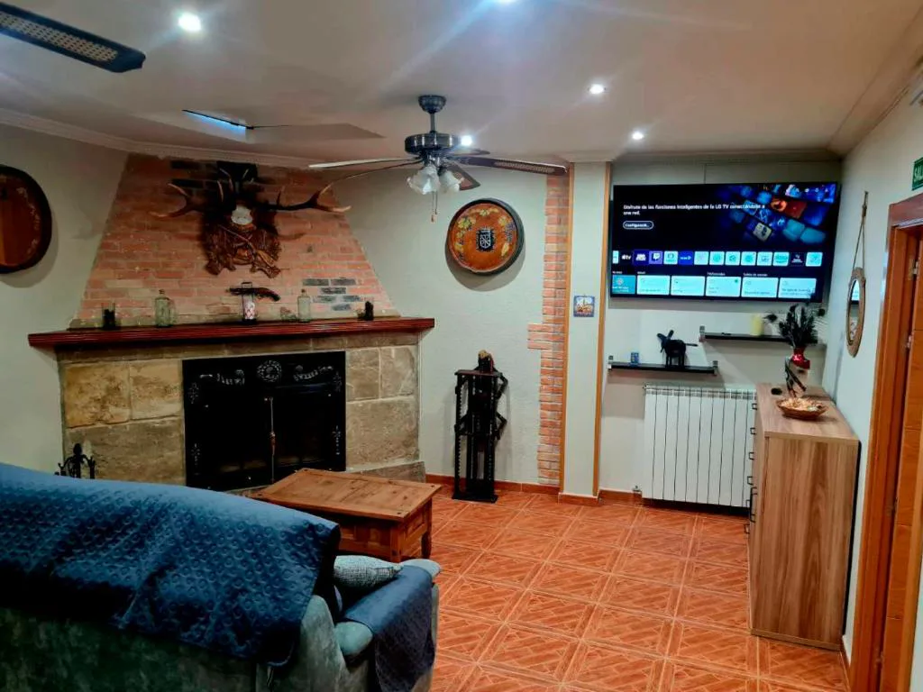 Chimenea de piedra con televisión en el salón