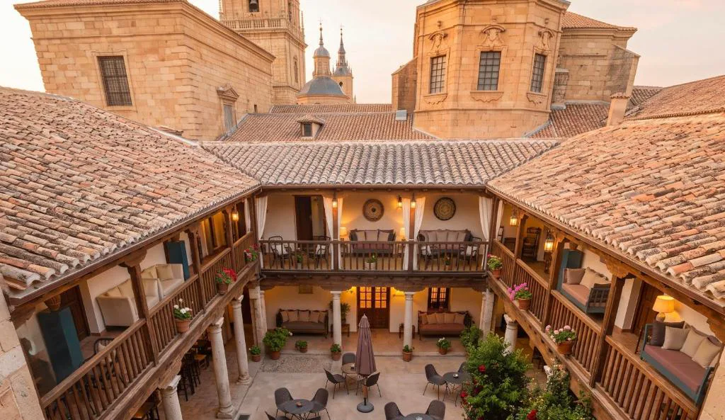 Patio interior con galería y un edificio de piedra