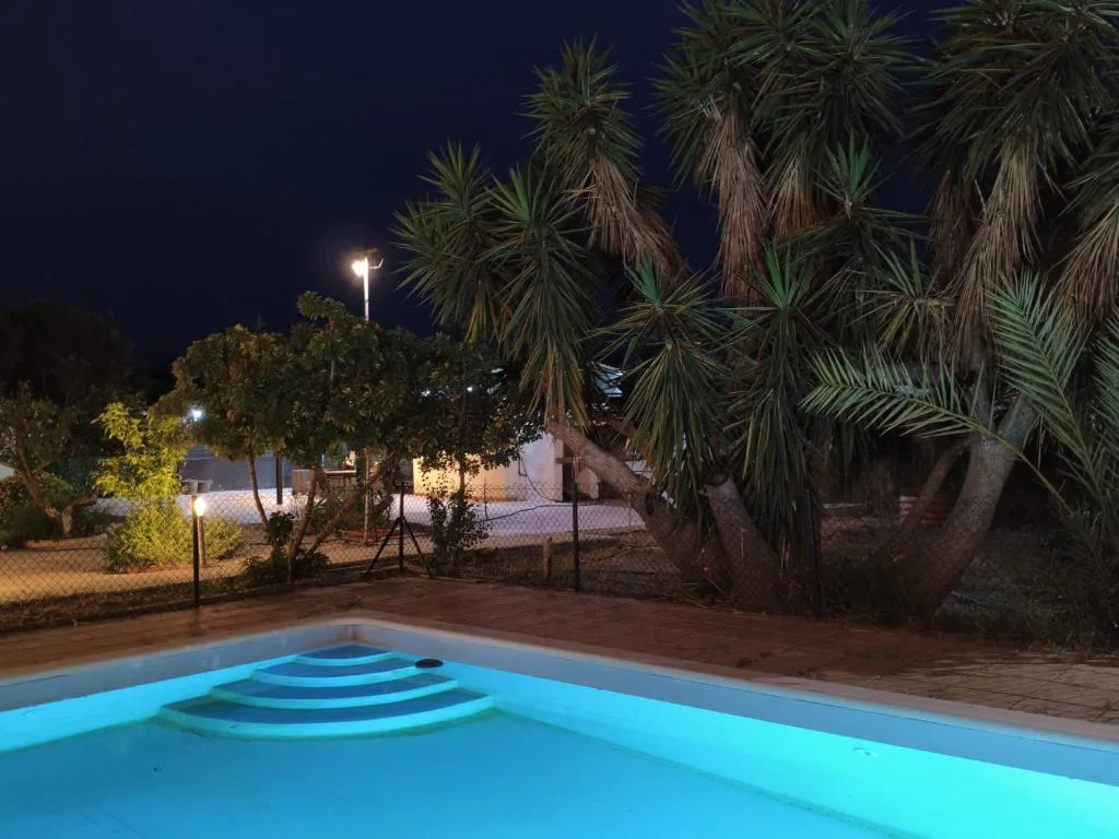 Piscina iluminada de noche con palmeras y escalones