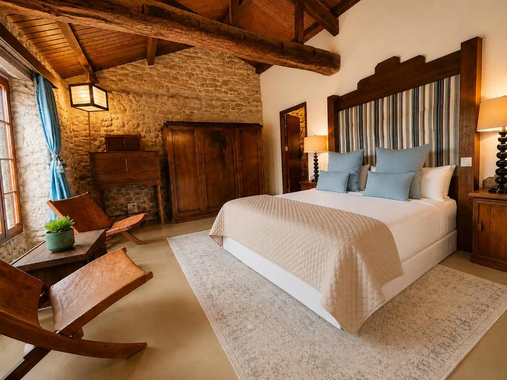 Habitación con techos de madera vista y paredes de piedra original, Elemergia