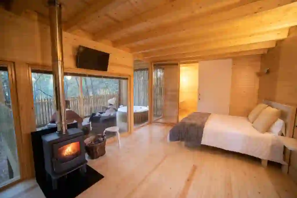 Dormitorio con chimenea de leña y bañera de hidromasaje junto a la cama, Enoturismo María Manuela