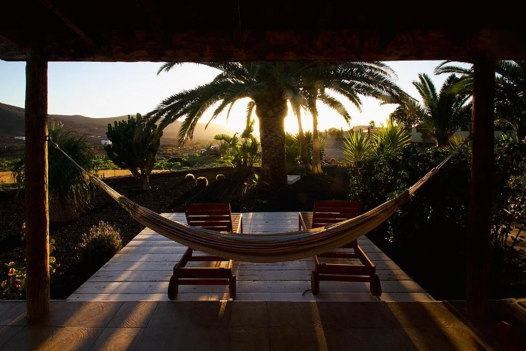 Hamaca entre dos tumbonas de madera bajo un porche con vistas a palmeras al atardecer, Finca Arbequina, La Pared, Fuerteventura
