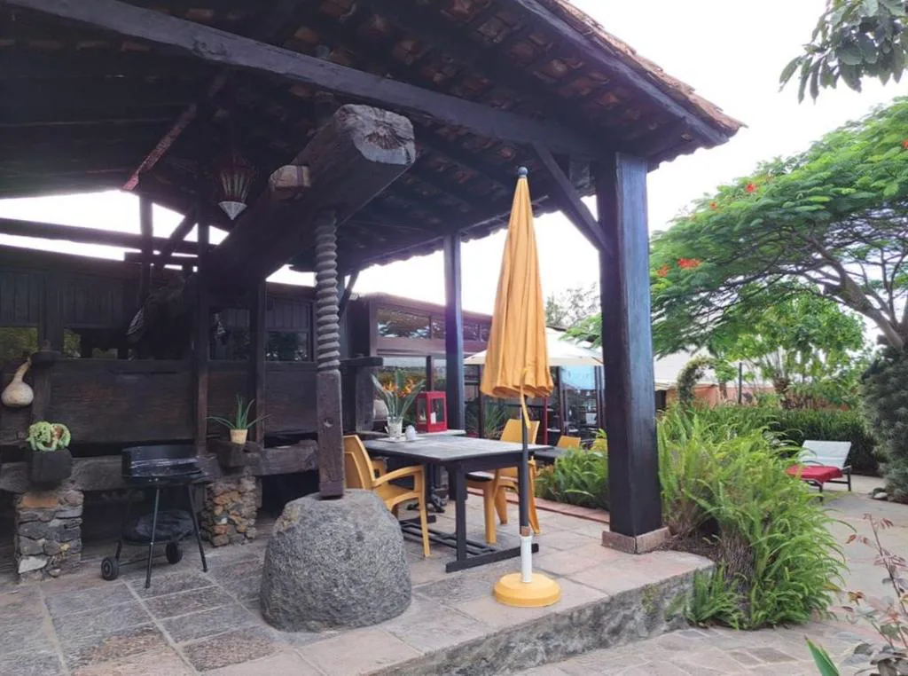 Porche con antiguo lagar de piedra y barbacoa junto a un árbol de flores rojas, Finca Cebollino