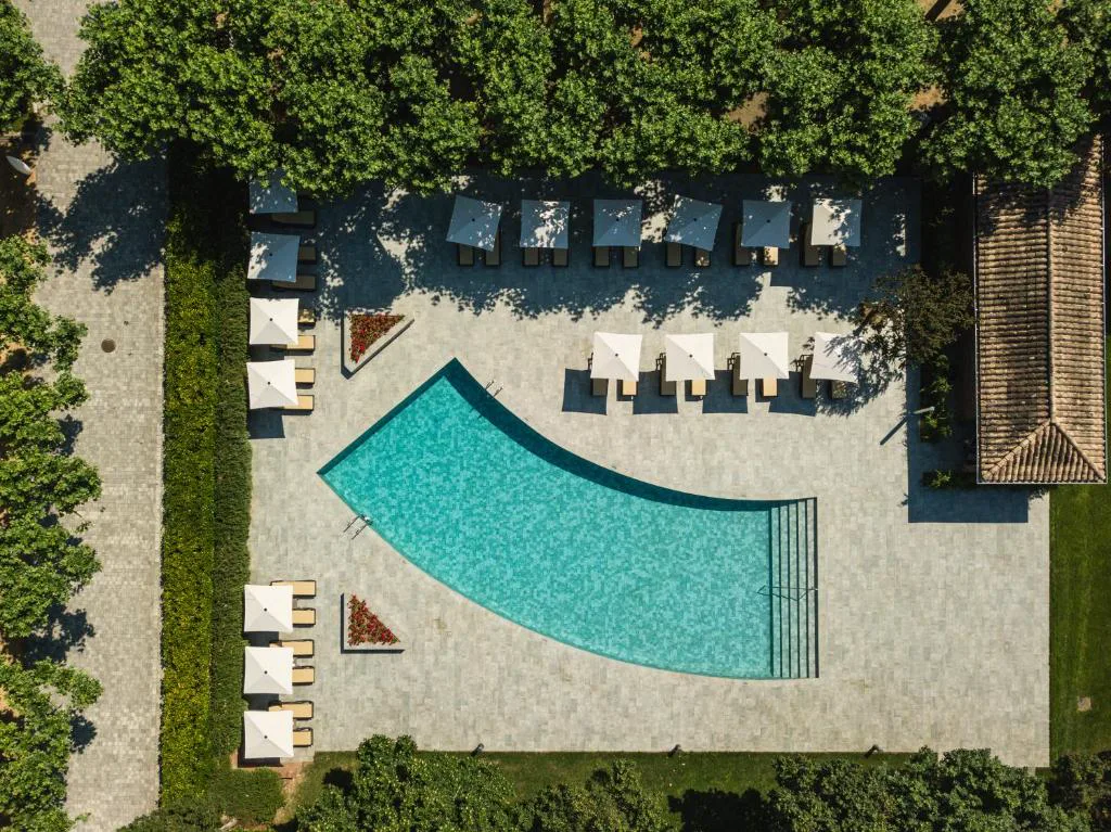Piscina exterior curva vista desde arriba