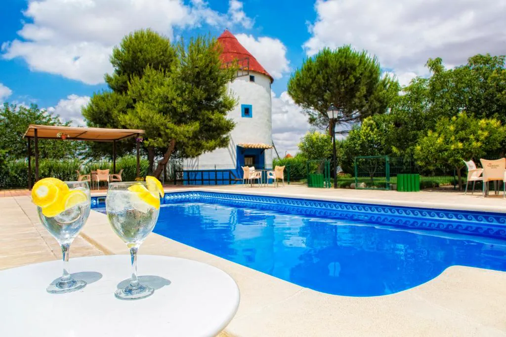 Piscina con dos copas y un molino de fondo