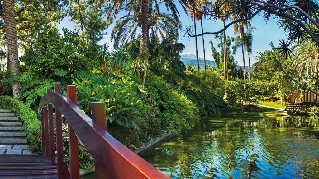 Puente de madera sobre el estanque del jardín asiático de Hotel Botanico, con el Teide al fondo, Puerto de la Cruz