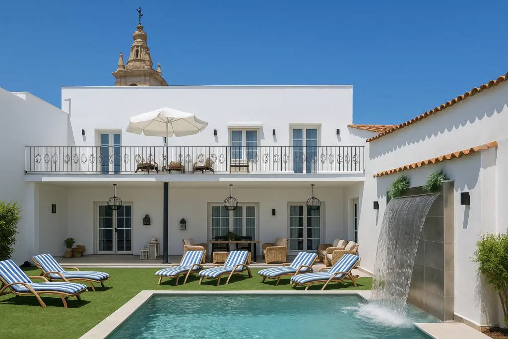Piscina pequeña con tumbonas junto a una casa blanca