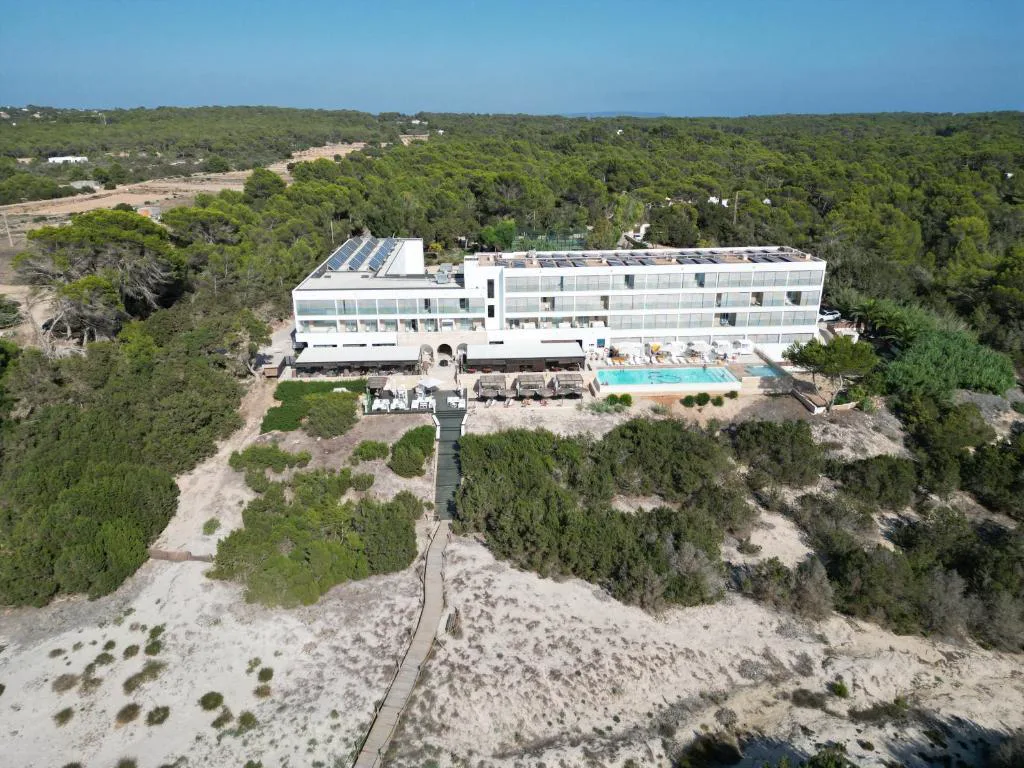 Vista aérea del hotel entre pinares junto a la playa de Cala Saona