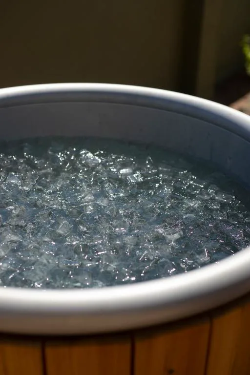 Bañera redonda de madera y metal con agua fría