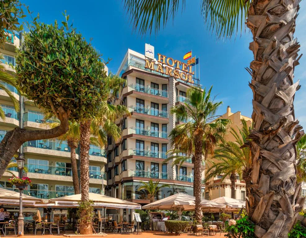 Fachada del hotel con palmeras y olivo