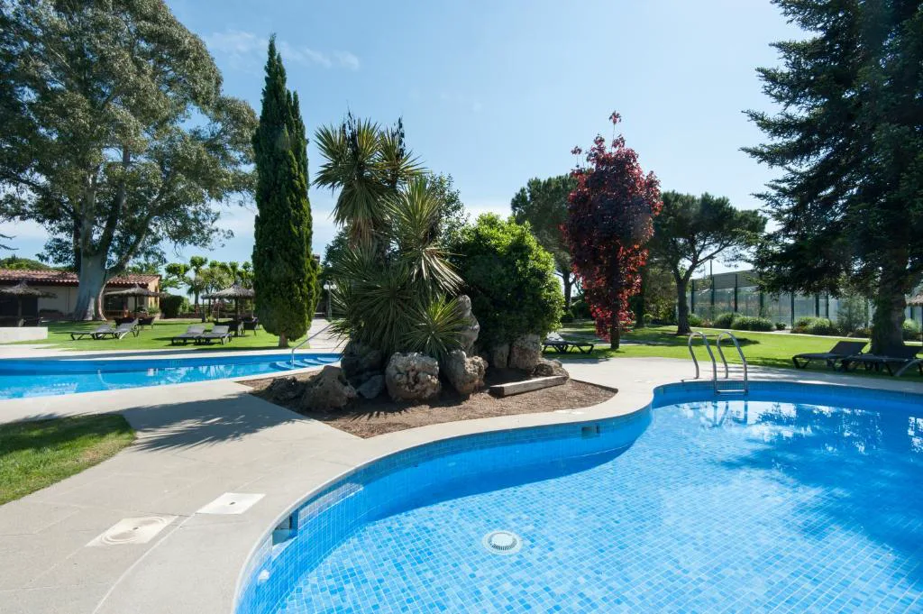 Piscina con jardín cuidado y ciprés