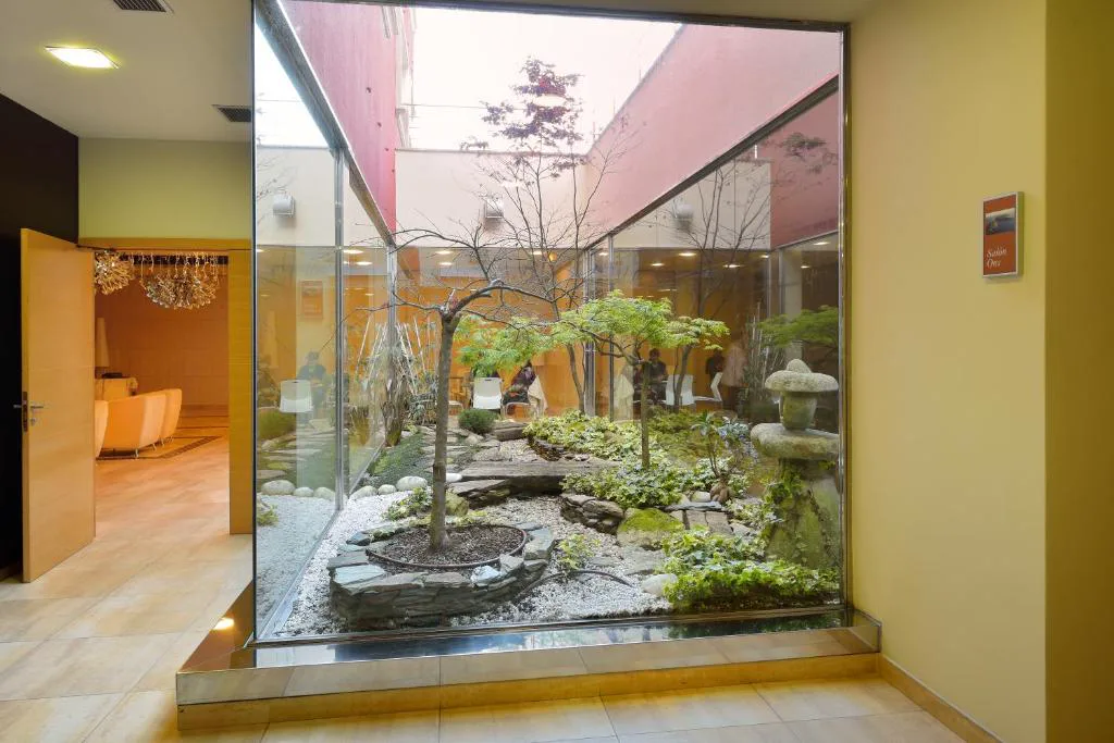 Jardín zen interior acristalado con árbol japonés y piedras, Hotel Norat Marina & Spa