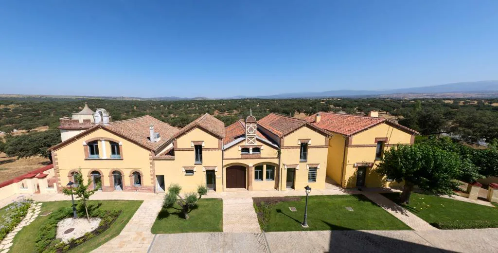Conjunto de casas del hotel entre campos