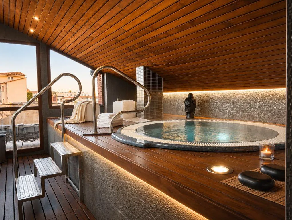 Jacuzzi circular en una sala de spa con madera