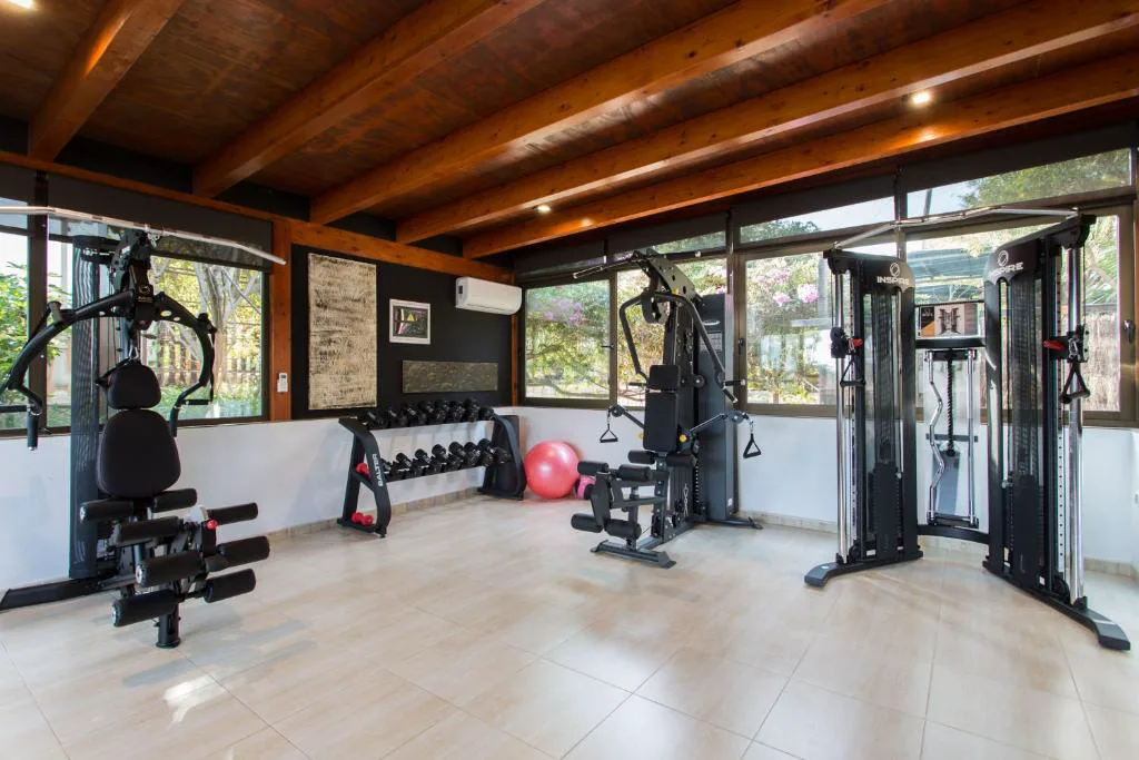 Gimnasio con máquinas de musculación y grandes ventanales al bosque de pinos, Hotel & Spa Entre Pinos