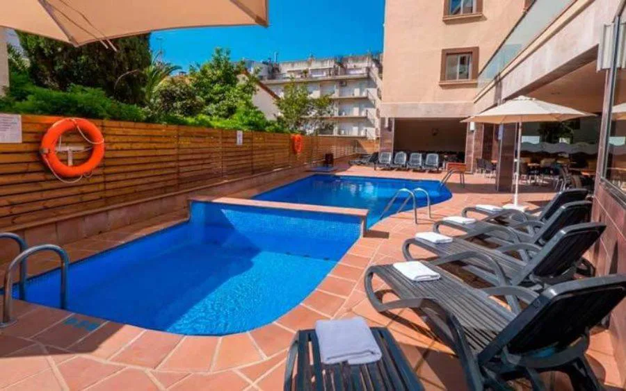 Piscina con tumbonas negras y vegetación
