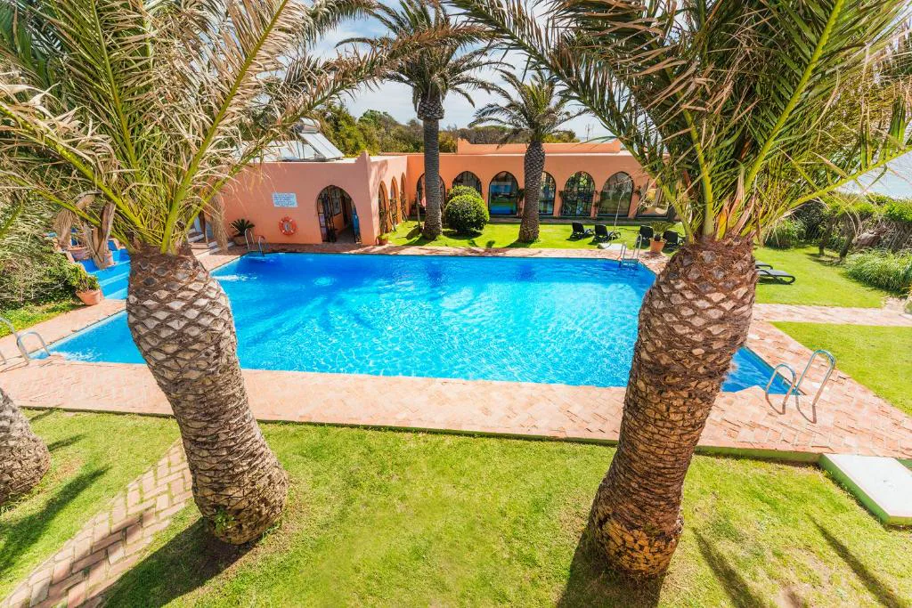 Piscina con palmeras y césped en el jardín