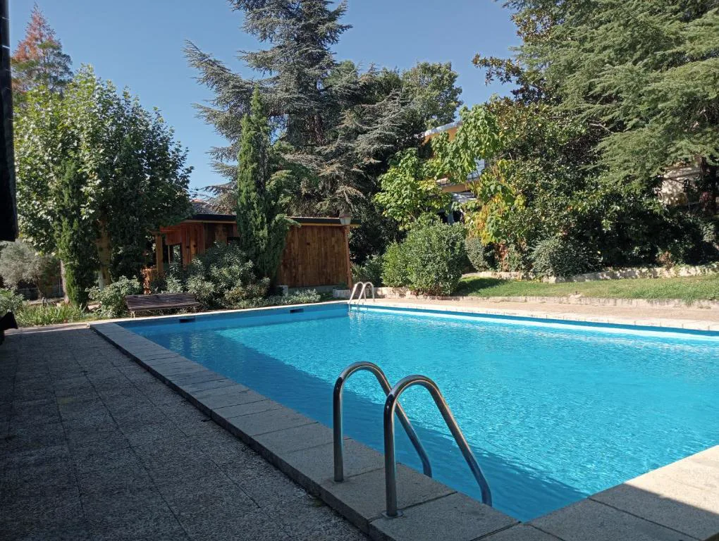 Piscina rectangular con escalera de acero y jardín