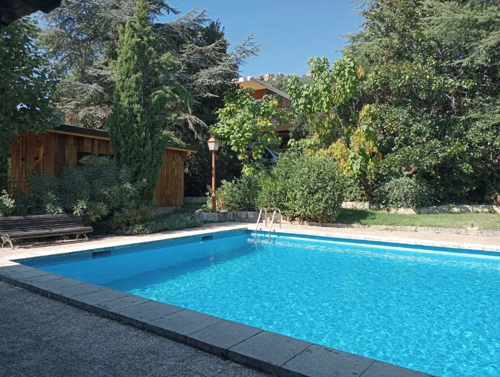 Piscina con árboles y cabañas de madera alrededor