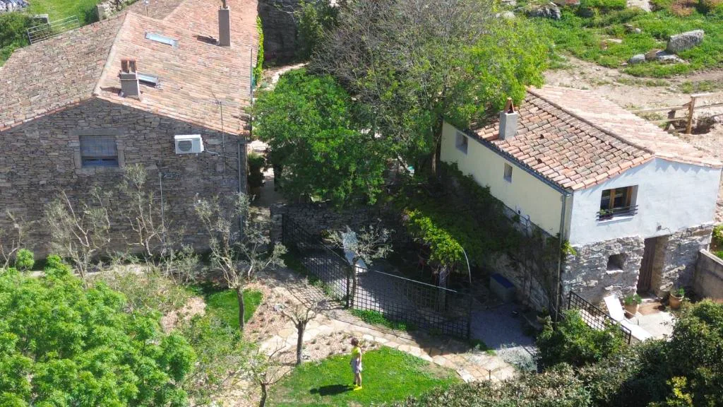 Vista aérea de las casas de piedra del pueblo entre árboles