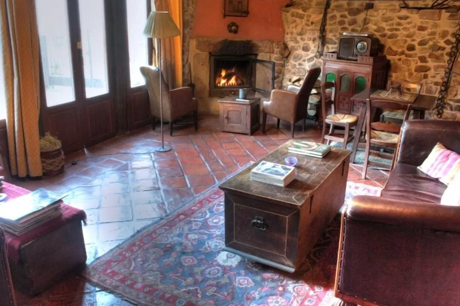 Chimenea de piedra encendida en un salón con sillones