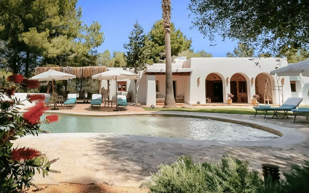 Piscina de formas orgánicas junto a la finca encalada con porche de cañizo y palmera, La Finca Agroturismo Can Bet, Ibiza