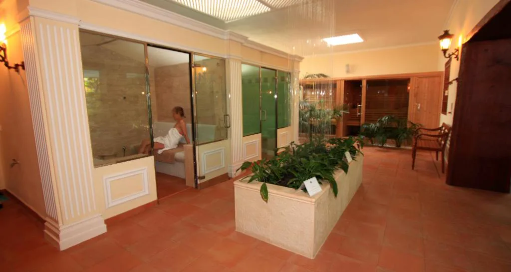 Pasillo del spa con puertas de cristal hacia la zona de sauna, La Palma Jardín Resort